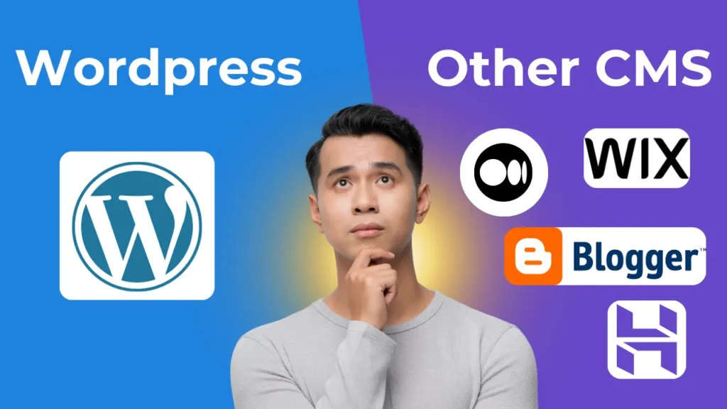 Colorful digital illustration featuring icons of various CMS platforms, including WordPress, Wix, Ghost, Drupal, Blogger, and Medium, with a person thinking about which CMS to choose.